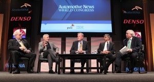 The session on Vehicle Innovation included (left to right): (1) Doug Patterson, Senior Vice President, Engineering Division, Denso International America Inc.; (2) Phil Martens, President & CEO, Novelis; (3) Greg Ludokvsky, Vice President, Global Research and Development, ArcelorMittal; (4)Swamy Kotagiri, Chief Technical Officer, Magna; (5) J Ferron, Director, Strategic Development, Crain Communications.