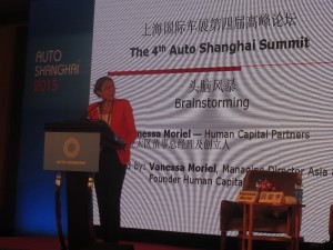 LIASE Group Managing Director Asia Vanessa Moriel introducing the opening roundtable and CEO Keynote Speeches on the topic of How to Respond to Opportunities & Challenges Brought by Intelligent Connected Cars at the 4th Auto Shanghai Summit 2015. 