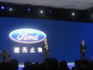 Changan Ford Automobile President Marin Burela (left) and Changan Ford Executive Vice President He Chaobing (right) at the 2015 Shanghai Auto show. Ford debuted its new Ford Taurus at the show. A large 116 inches sedan, the new Taurus was built specifically with the Chinese market in mind. The Taurus will be built at Changan Ford’s Hangzhou plant. 