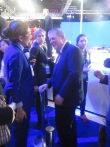 LIASE’s MD Asia Vanessa Moriel (left) talking with Ford Motor President Asia Pacific David Schoch (Right) following the Ford Motors press conference at the 2015 Shanghai Auto Show.