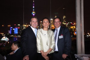 LIASE founders John Bucowicz, Vanessa Moriel, and Wolgang Doell pose for a photo in front of Shanghai’s iconic Oriental Pearl Tower.  