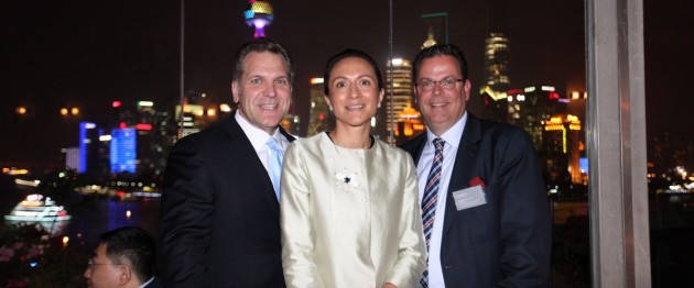 LIASE founders John Bucowicz, Vanessa Moriel, and Wolgang Doell pose for a photo in front of Shanghai’s iconic Oriental Pearl Tower.