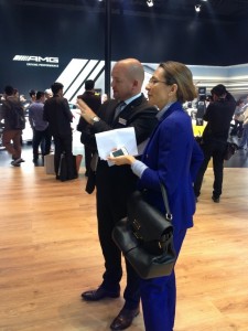 Daimler Greater China Vice President Procurement, Supplier Quality Joerg Burzer in discussion at the Benz booth with LIASE Group Board Member and Asia MD Vanessa Moriel.