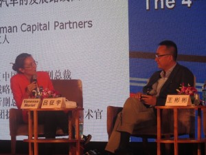 LeShi "Supercar" Company Vice President Mr. Lü Zhengyu, listening to LIASE Board Member and Managing Director Asia Vanessa Moriel as she asks a question. Leshi and BAIC unveiled an electric vehicle concept car that featured a Leshi user interface similar to Apple’s CarPlay or Google’s Android Auto. The infotainment system was also built by Leshi. Leshi and other Chinese tech players see the transition toward the connected car as an opportunity to subvert traditional automotive players and ensure their market share in mobile.