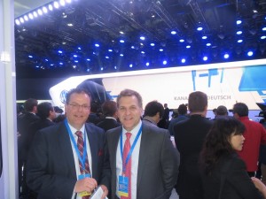 LIASE Group President and Managing Director Europe Wolfgang Doell (left) standing with LIASE Group Managing Director for the Americas John Bukowicz (right) in front of the Volkswagen stage at the 2015 Shanghai Auto Show.  