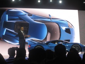 Ford Motors Group Vice President and Chief Technical Officer, Global Product Development Raj Nair presenting the new Ford GT Supercar to the Chinese audience. The Ford GT, which made its debut at the Detroit Auto Show in December, innovated with its light-weight, aerodynamics and efficient 600 horsepower EcoBoost engine.