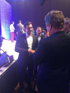 Ford Motor Company President and CEO Mark Fields talking with industry people at the 2016 edition of CES after finishing his keynote press conference at CES.