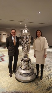 LIASE Group’s John Bukowicz, Managing Director for the Americas and Vanessa Moriel, Managing Director Asia posing together with the Borg-Warner Trophy, which is presented every year to the winner of the Indy 500 race. 