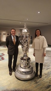 LIASE Group’s John Bukowicz, Managing Director for the Americas and Vanessa Moriel, Managing Director Asia posing together with the Borg-Warner Trophy, which is presented every year to the winner of the Indy 500 race.