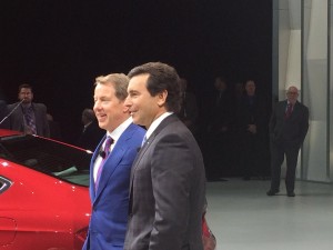 Bill Fords, Executive Chairman, Ford Motor Company and Mark Field, CEO, Ford Motor Company, posing together following Ford’s press conference in Detroit. 