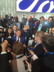 Bill Fords, Executive Chairman, Ford Motor Company, in the middle of a press scrum at the Detroit Auto Show. 
