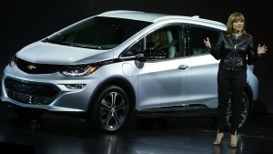 GM Chairman and CEO Marry Barra introducing the Chevrolet Bolt at CES 2016.