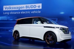 The Volkswagen BUDD-e Concept is an all-electric concept minivan inspired by the 1970s VW camper vans.