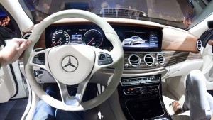 The interior of the new Mercedes-Benz E-Class unveiled at CES 2016 feature “touch-sensitive” controls on the steering wheel. 