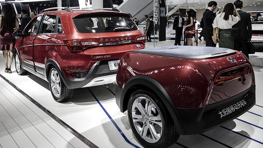 BAIC Motor presented their EX200 electric SUV, one of many new fuel-efficient SUVs which were prominently displayed at the Beijing auto show this year.