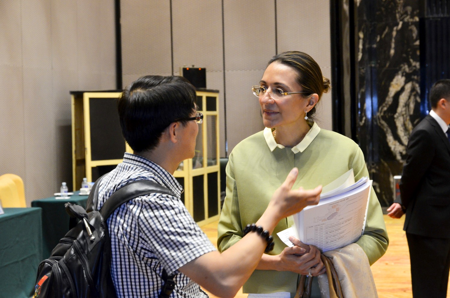 Vanessa Moriel, LIASE Group, Managing Director Asia speaks with a journalist.