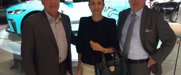 From left to right: The LIASE Group’s Adam Pumfrey, Managing Director U.K.; Vanessa Moriel, Managing Director Asia; and Wolfgang Doell, President and Managing Director Europe at the Jaguar Booth.