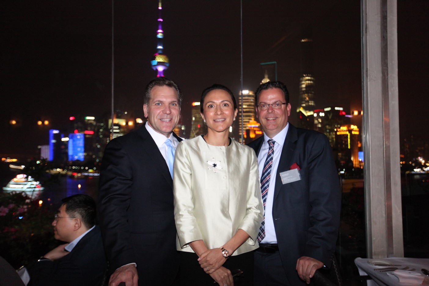 LIASE founders John Bucowicz, Vanessa Moriel, and Wolgang Doell pose for a photo in front of Shanghai’s iconic Oriental Pearl Tower.